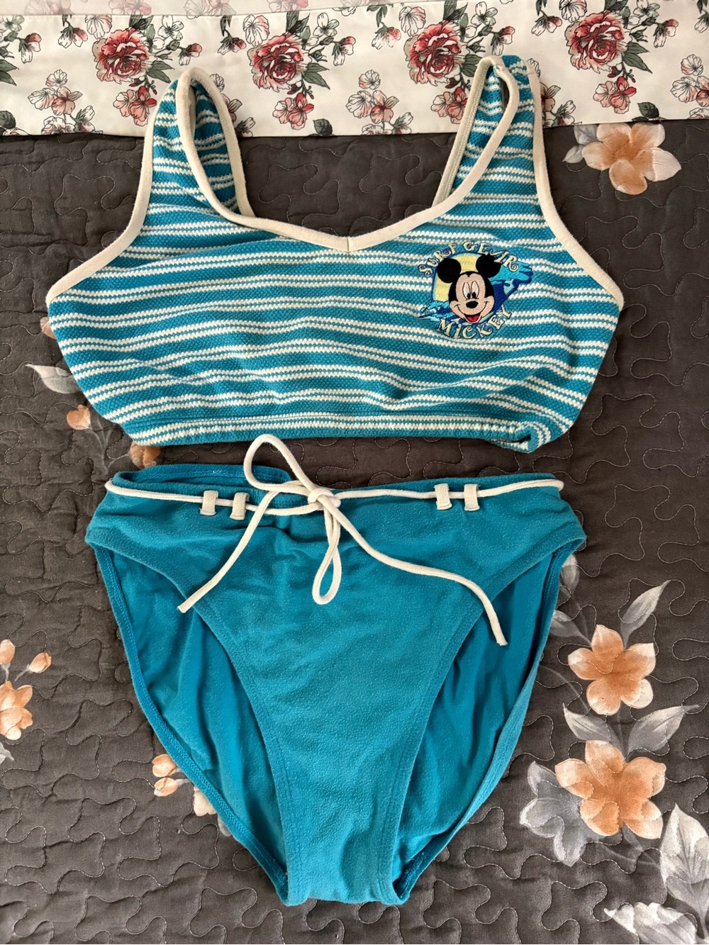 Vintage Surf Gear Mickey Mouse Disney Teal and White Striped Two-Piece Swim Set